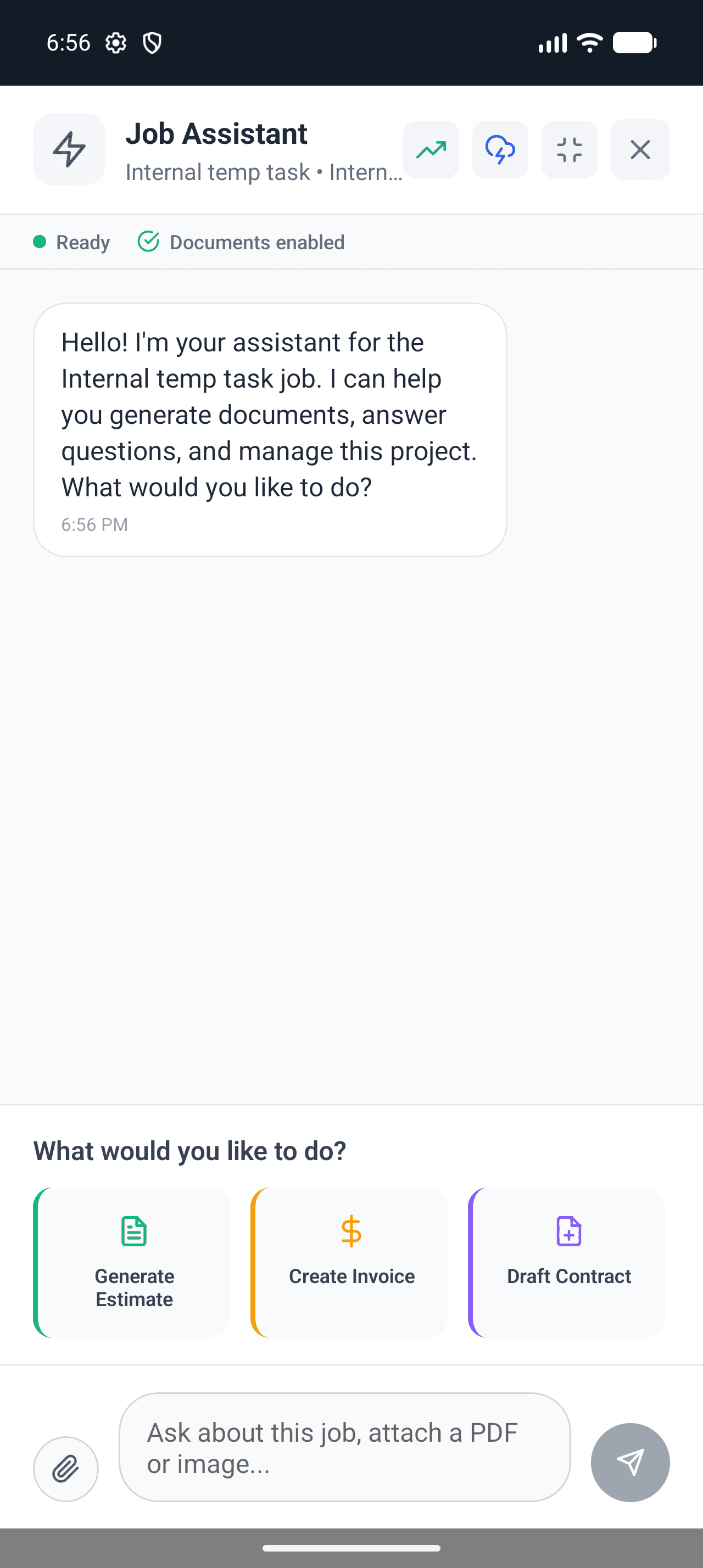 Contractorfy job assistant screen showing a ready assistant with document generation shortcuts