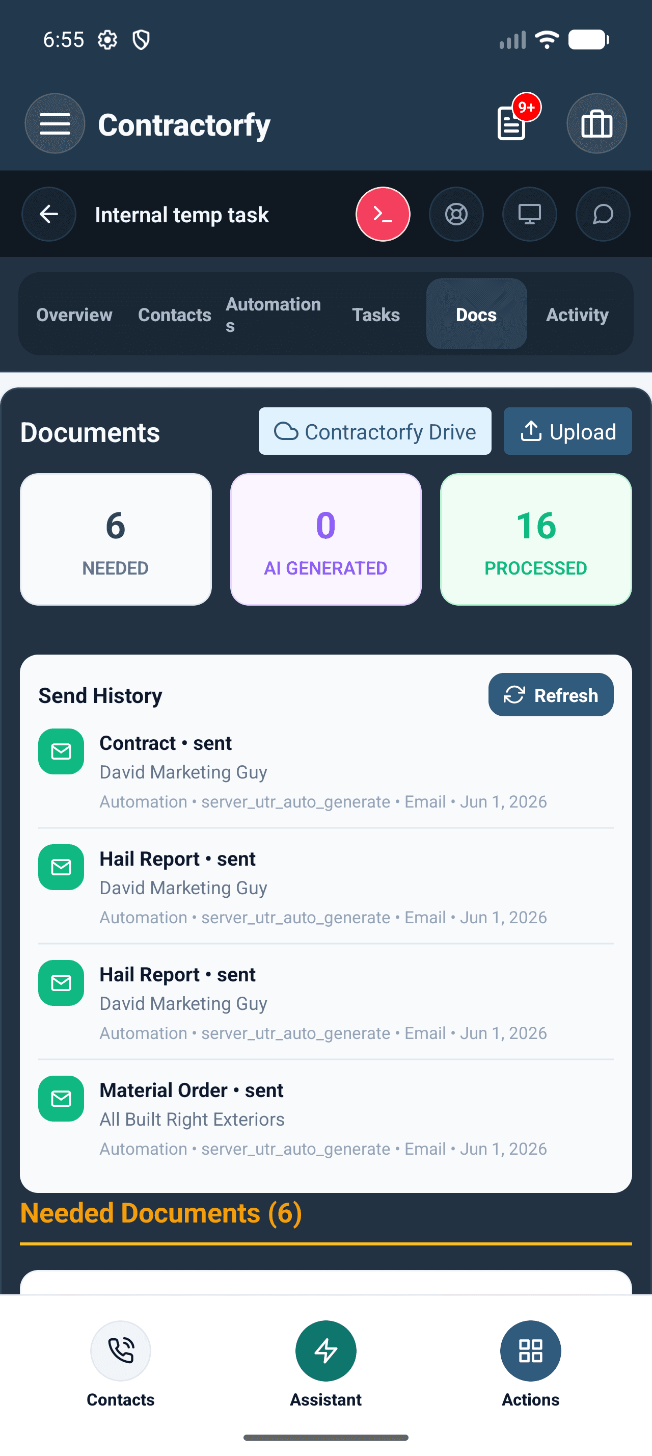 Contractorfy documents tab showing needed, generated, and processed document queue status