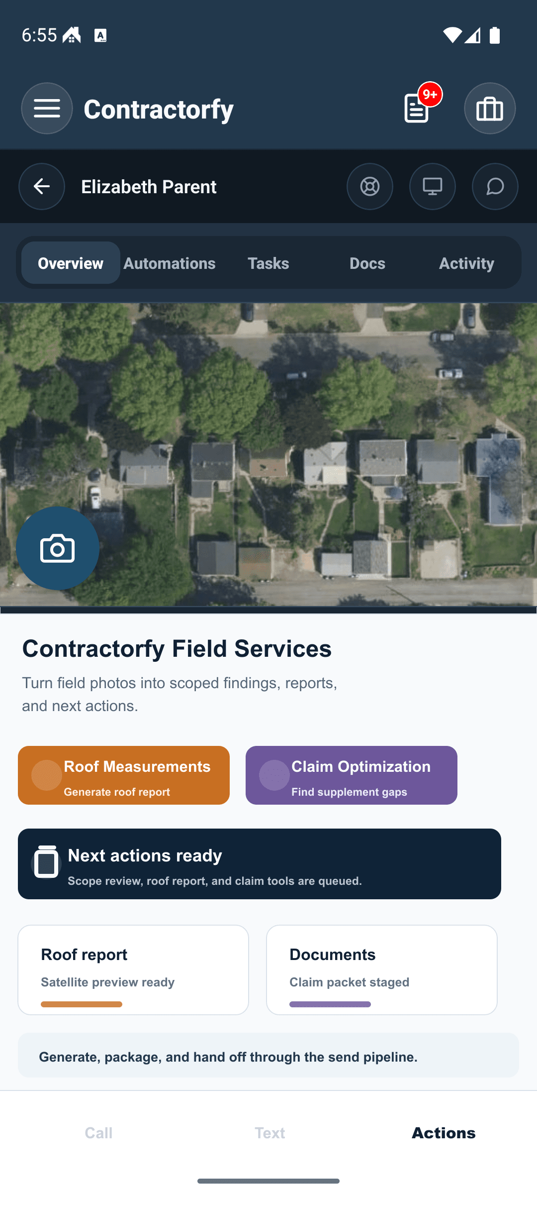 Contractorfy job overview showing real satellite roof context, job controls, and automation-ready action buttons