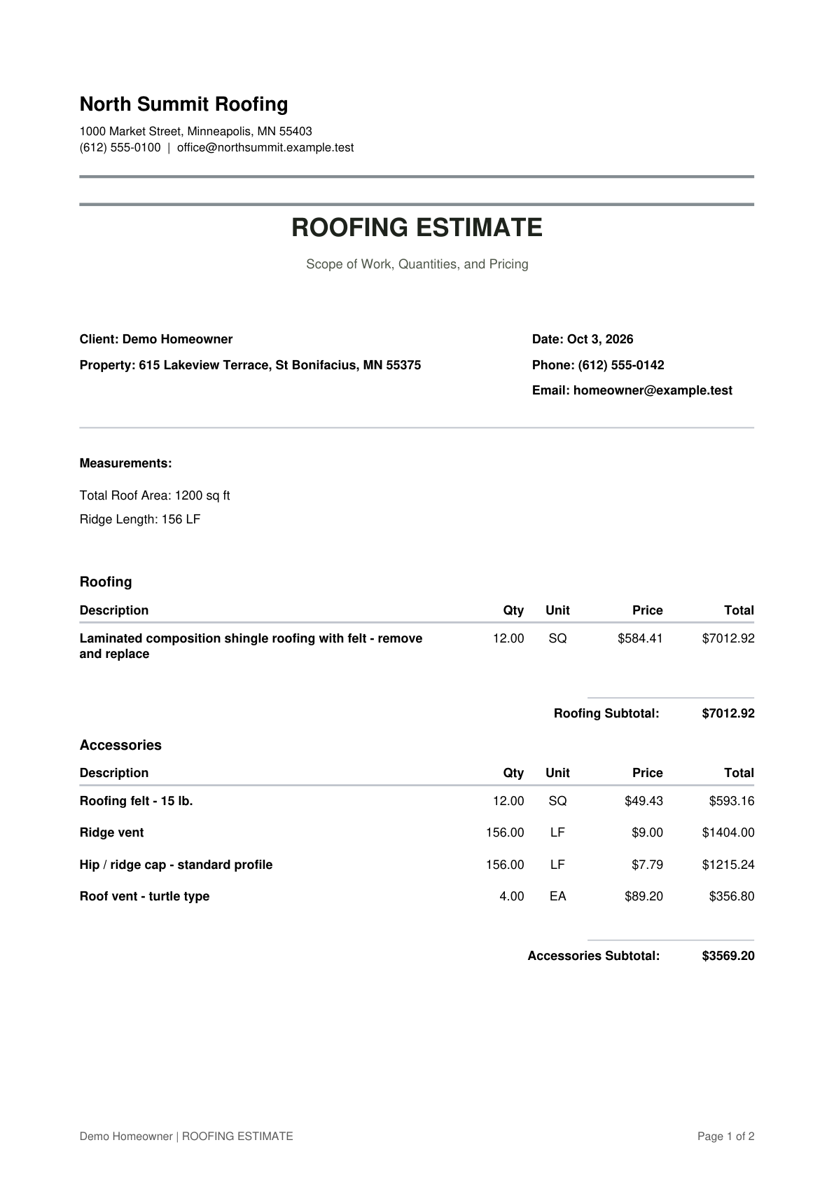 Roofing estimate PDF preview for the estimate and supplement phase.