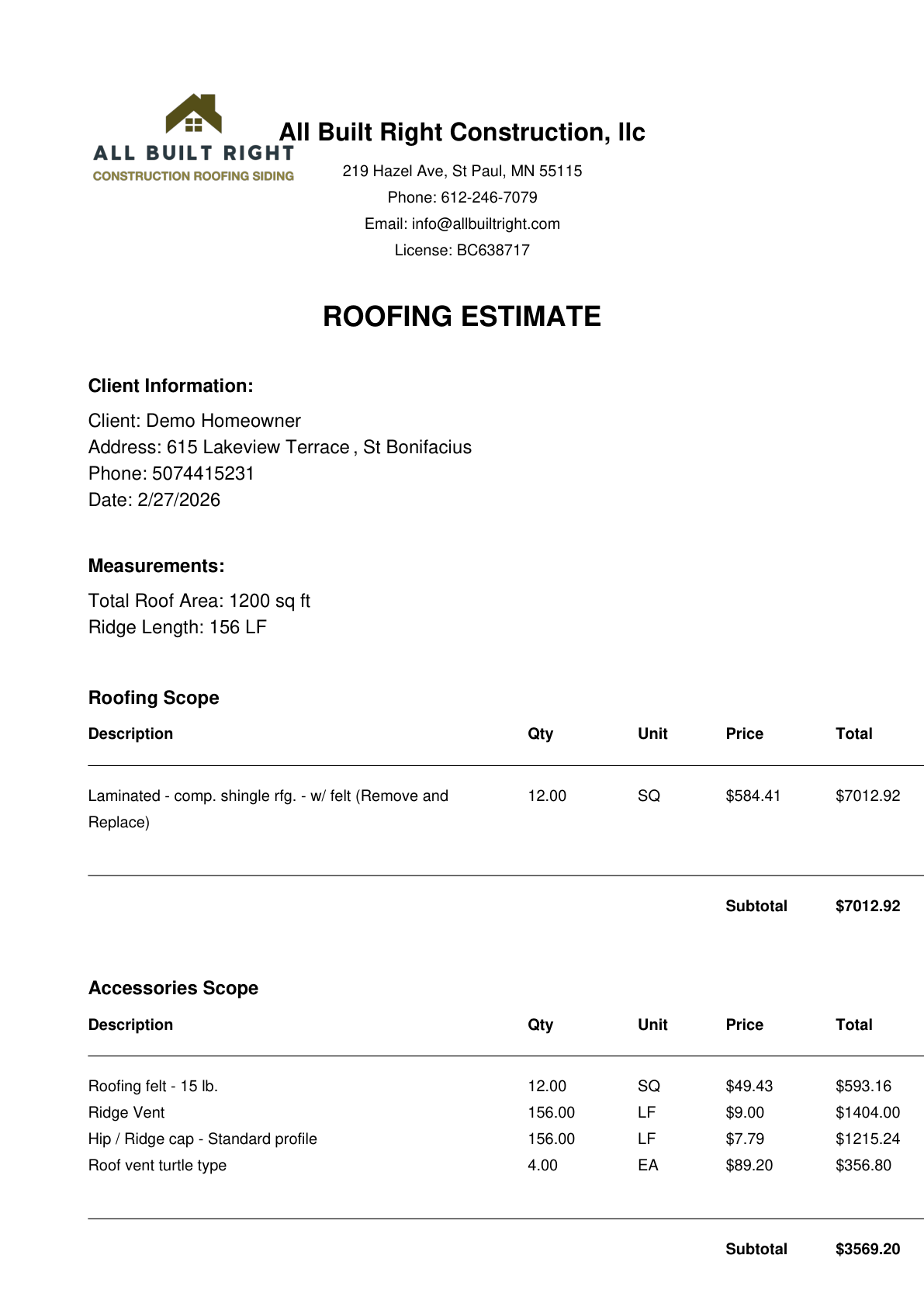 Roofing estimate PDF preview for the estimate and supplement phase.