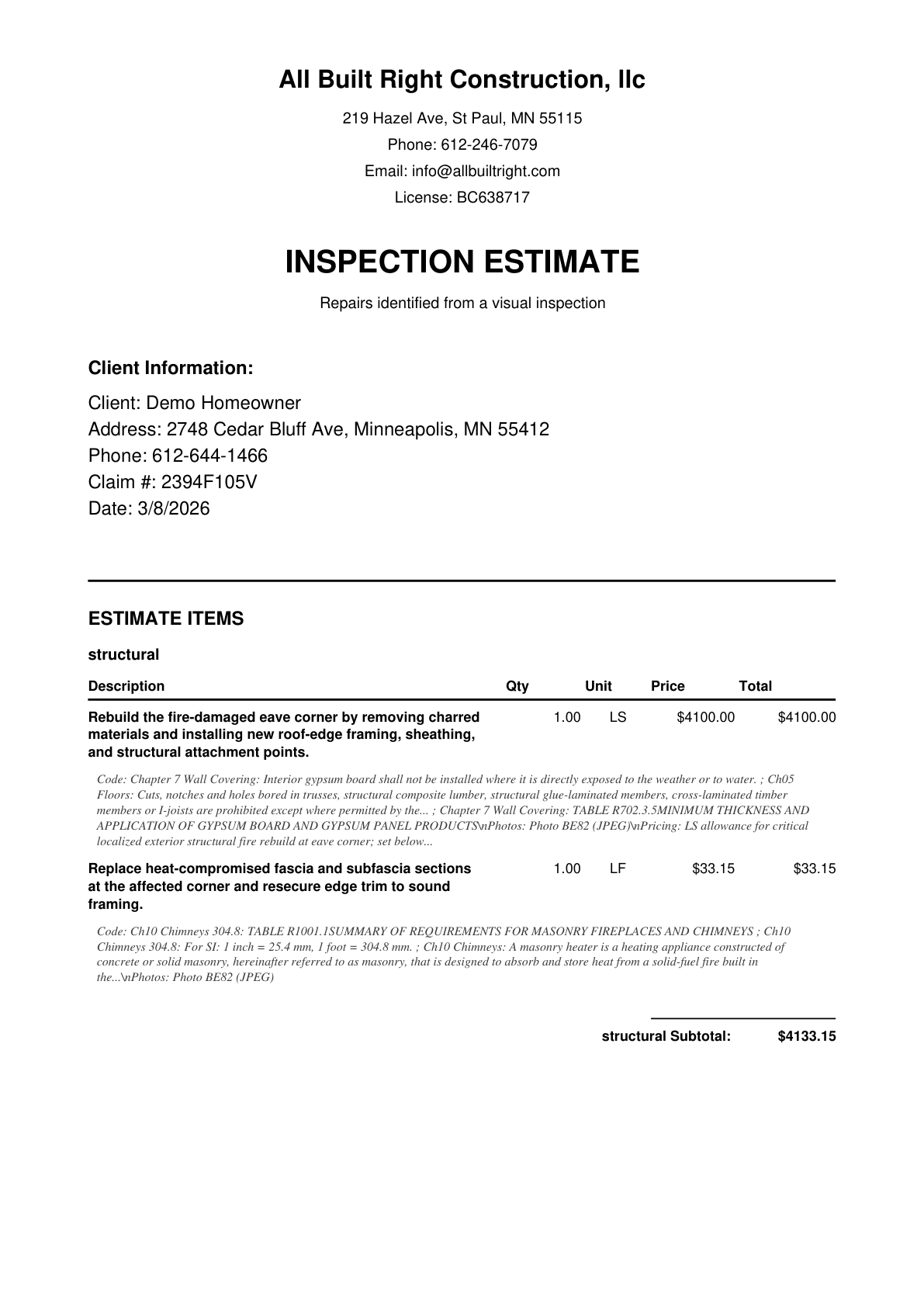 Supplement estimate PDF preview for the estimate and supplement phase.