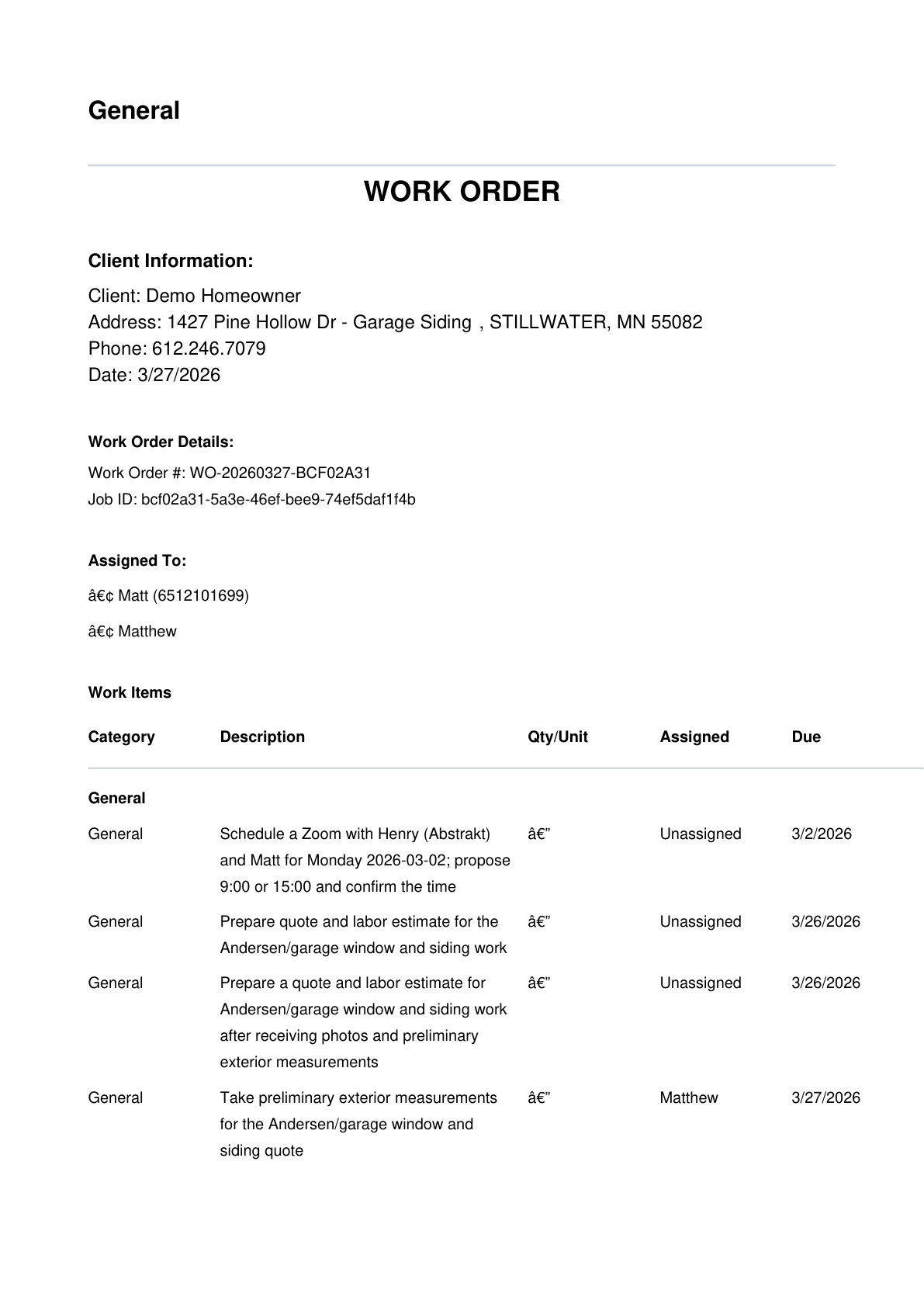 Work order PDF preview for the automation engine phase.