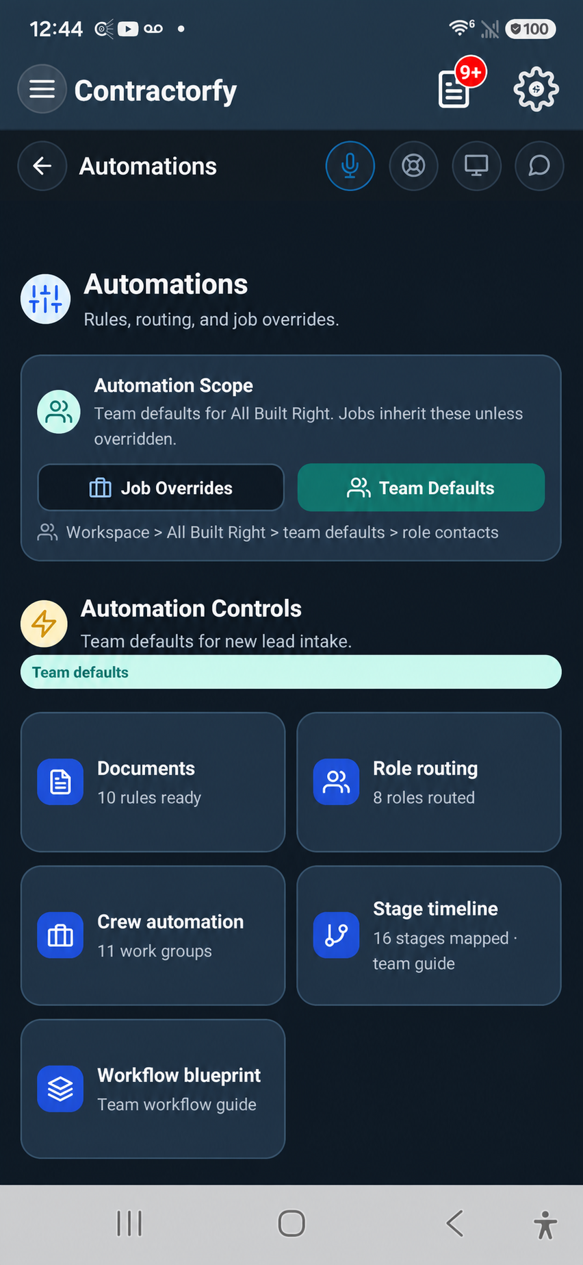 Always-on roofing ops for storm weeks and busy crews. Contractorfy Android workflow screen